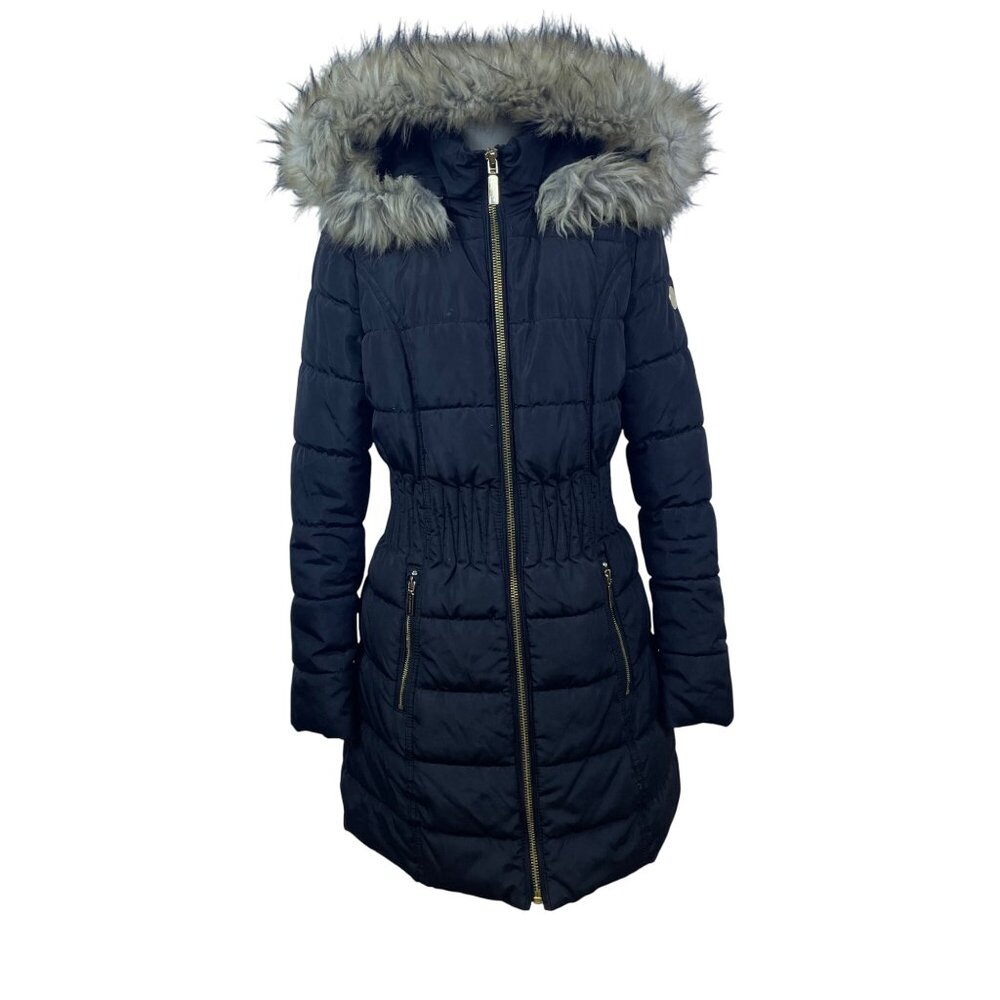 Laundry Womens Black Faux Fur Hooded Quilted Puffer Coat Size Small Winter